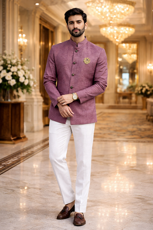 Men Mauve Plain Self Texture Shirt Jacket Set