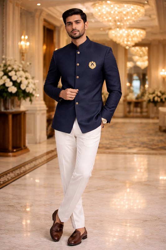 Men Navy Blue Plain Self Textured Shirt Jacket Set