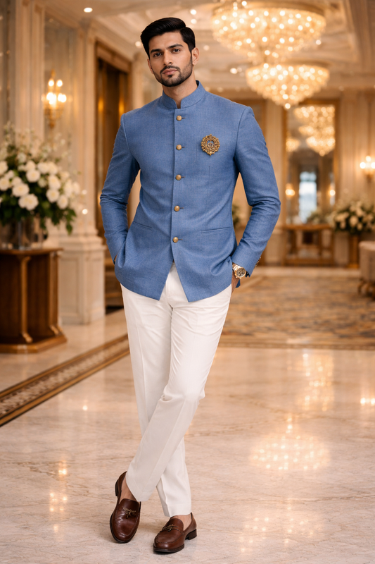 Men Steel Blue Plain Self Textured Shirt Jacket Set