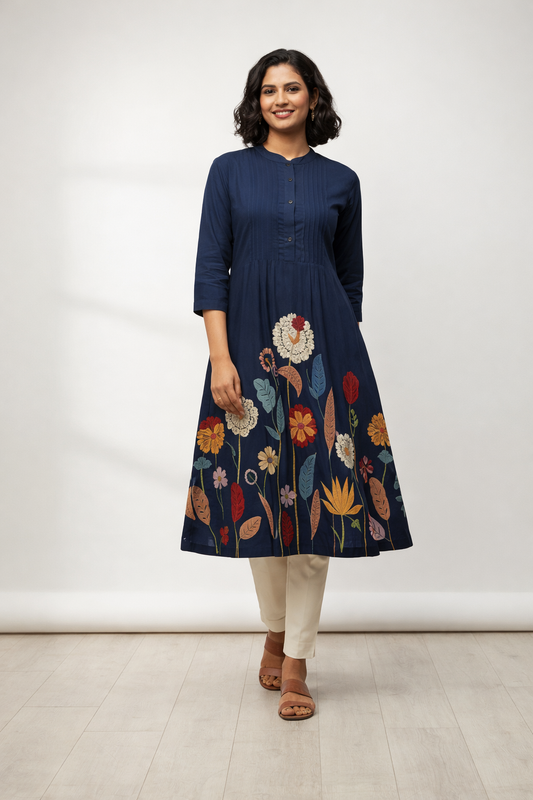 Women Navy Blue Floral Printed KurtI