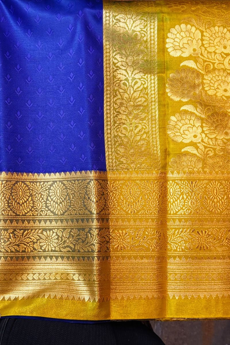 Women Royal Blue & Mustard Yellow Banarasi Silk Saree with Rich Gold Zari Work