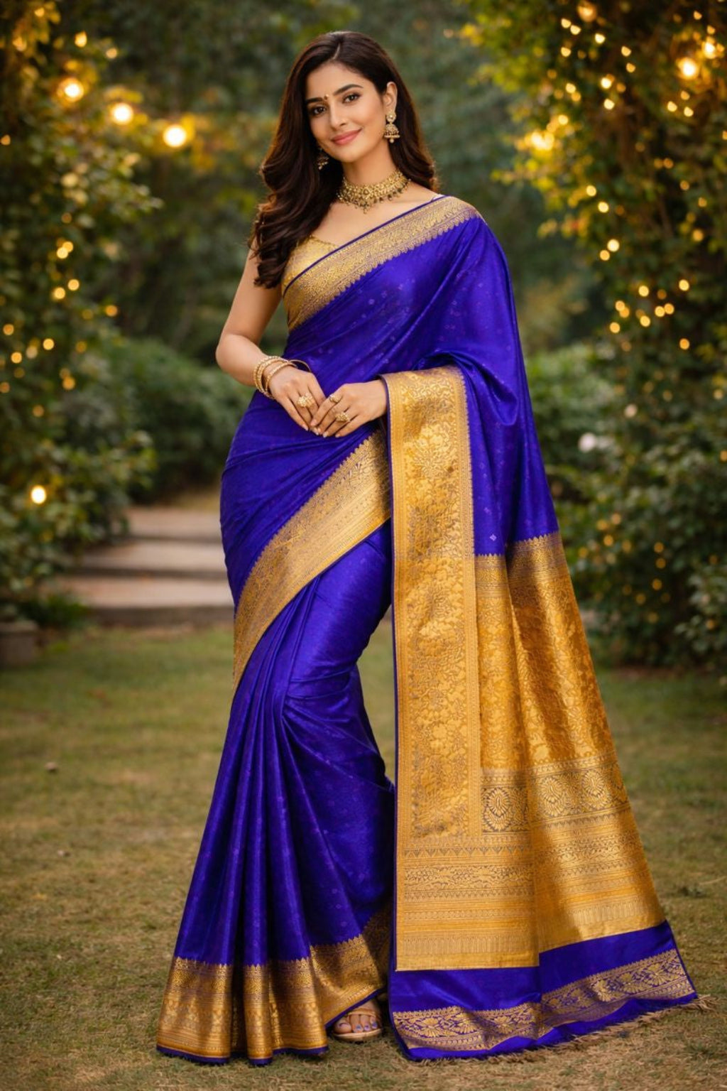 Women Royal Blue & Mustard Yellow Banarasi Silk Saree with Rich Gold Zari Work