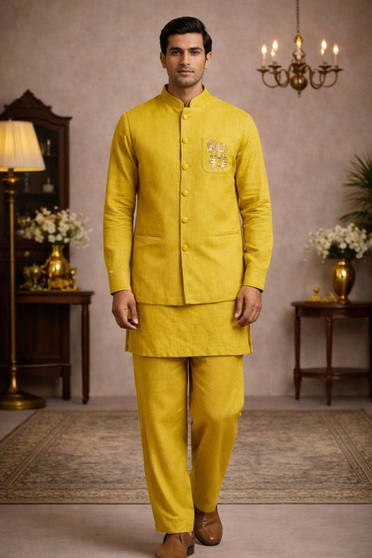 Men’s Yellow Pure Linen Kurta Jacket Set
