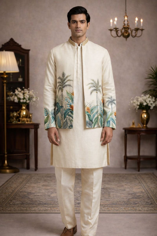 Men’s Cream Pure Soil Kurta Jacket Set