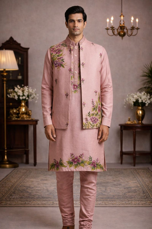 Men’s Pink Pure Soil Kurta Jacket Set