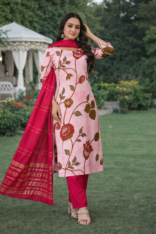 Women’s Pink Floral Printed Kurti Dupatta Set