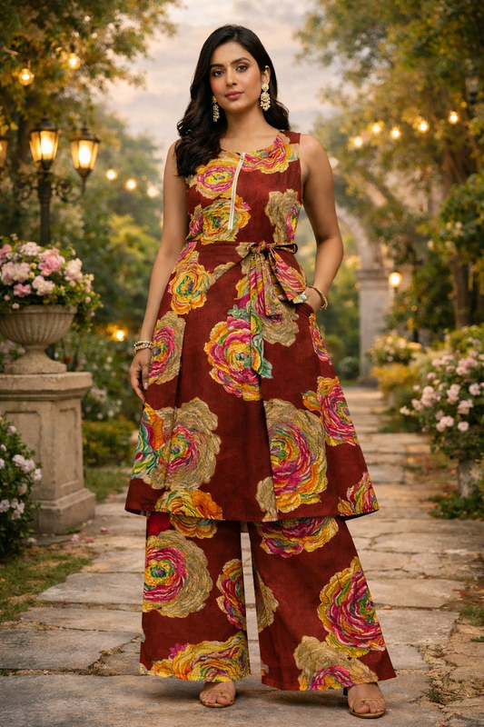Women's Maroon & Moss Green Floral Bloom Collection Co-Ord Set