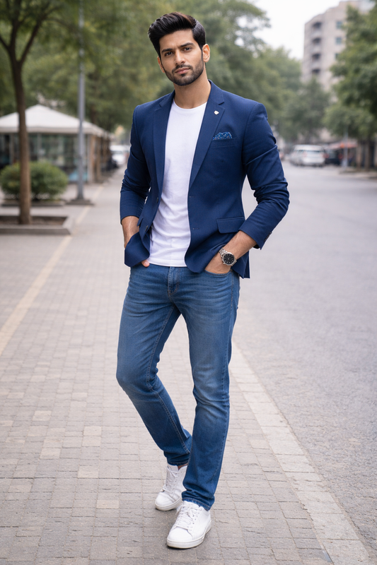 Men’s Navy Blue Corduroy Solid Casual Blazer