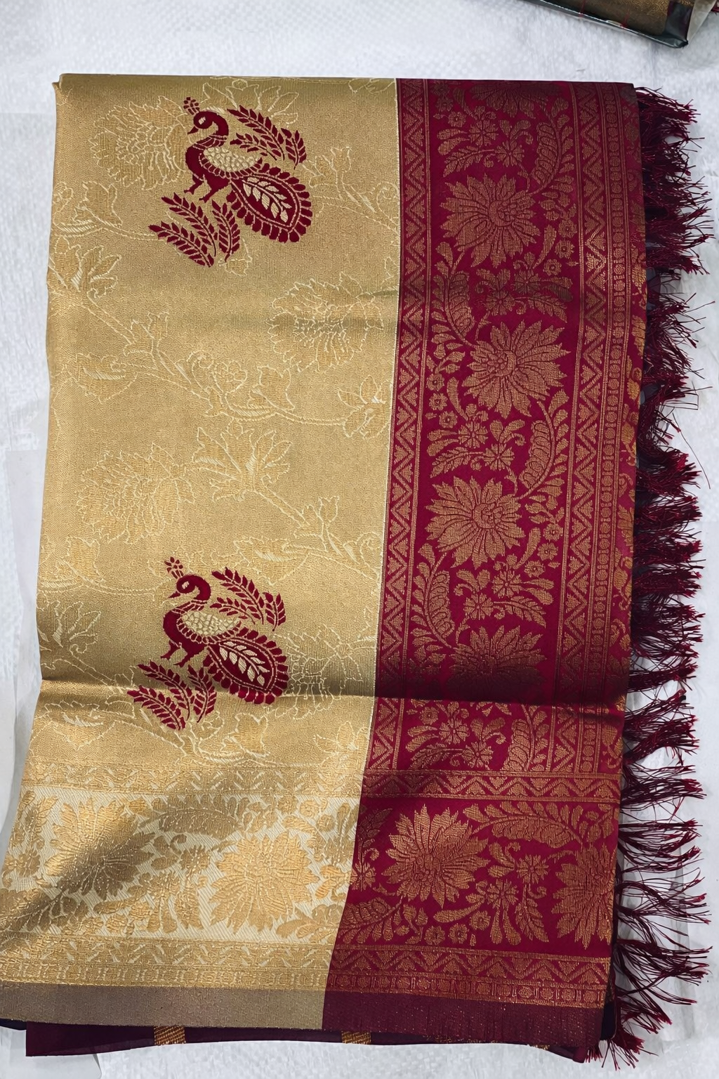 Golden Beige & Wine Maroon Jacquard Woven Floral Peacock Design Saree
