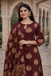 Women Maroon Cotton Paisley Printed Kurti Dupatta Set