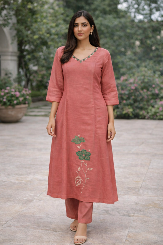 Women Peach Floral Embroidered Kurta Set