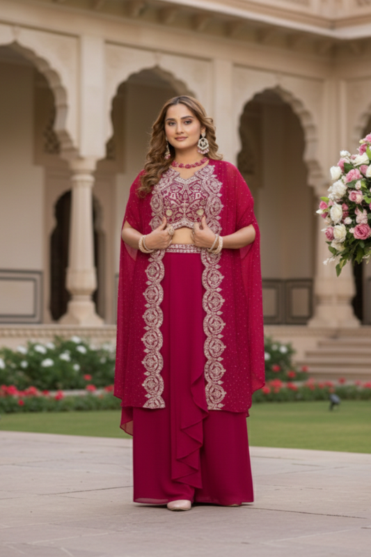 "Magenta Hand Embroidered Georgette Cape Sharara Set"