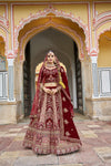 Maroon Velvet Zardosi Embroidered Bridal Lehenga - Crafted Just for You. Minimum Delivery 20 Days