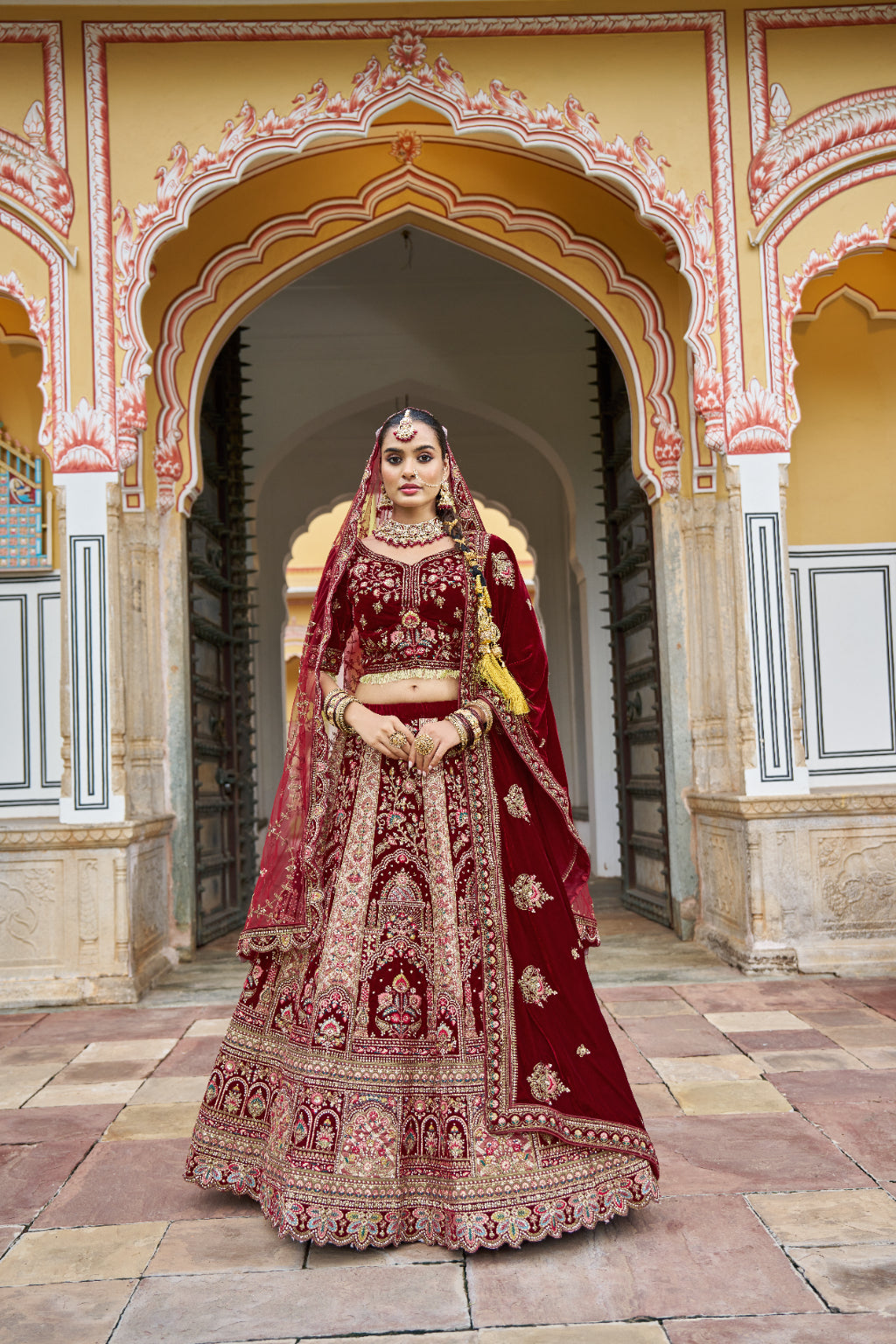 Maroon Velvet Zardosi Embroidered Bridal Lehenga - Crafted Just for You. Minimum Delivery 20 Days