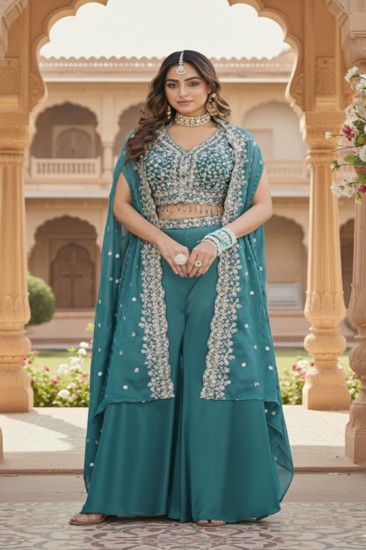 "Teal Blue Embroidered Cape Sharara Set"