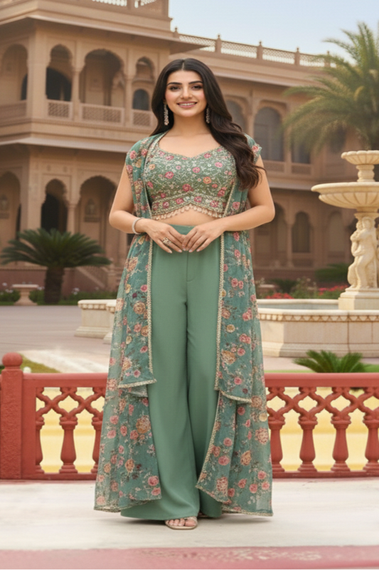 "Sage Green Floral Printed Embellished Cape Sharara Set"