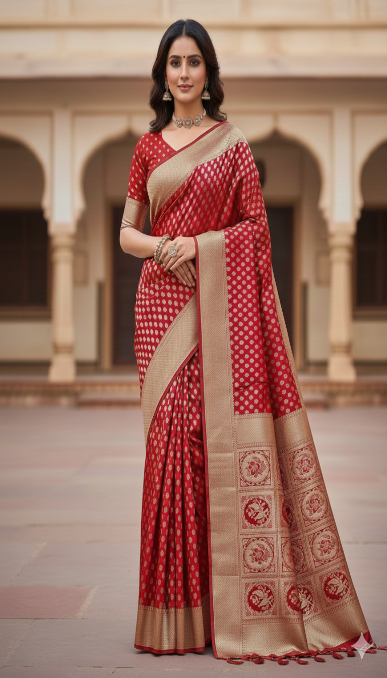 Emerald Pink Banarasi Silk Saree with Silver Zari Butti & Ornate Pallu