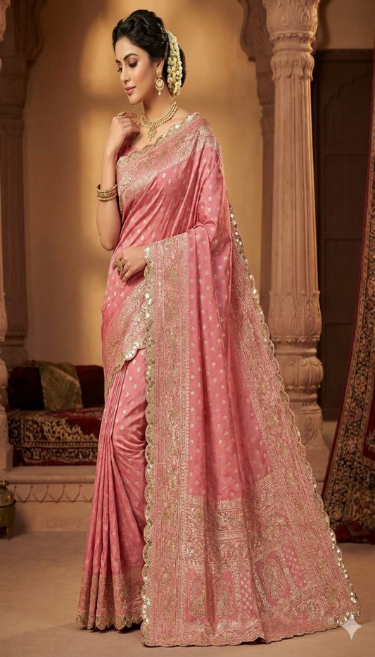 Blush Pink Banarasi Silk Saree with Heavy Zari Border