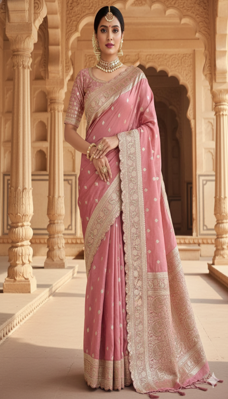 Rose Pink Banarasi Silk Saree with Rich Zari Border