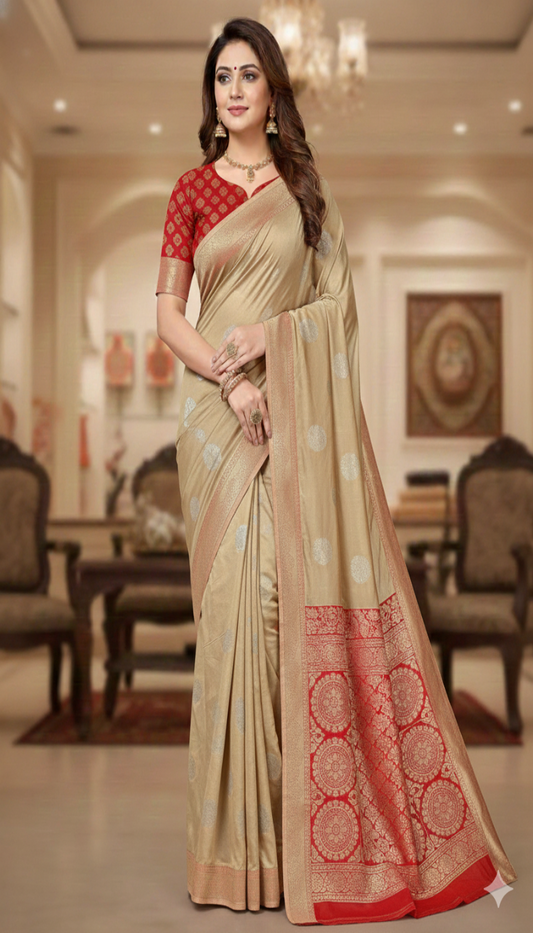 Beige & Red Banarasi Silk Saree with Silver Zari Butti and Rich Pallu