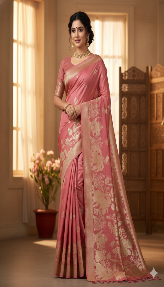 Blush Pink Banarasi Silk Saree with Elegant Floral Zari Weave