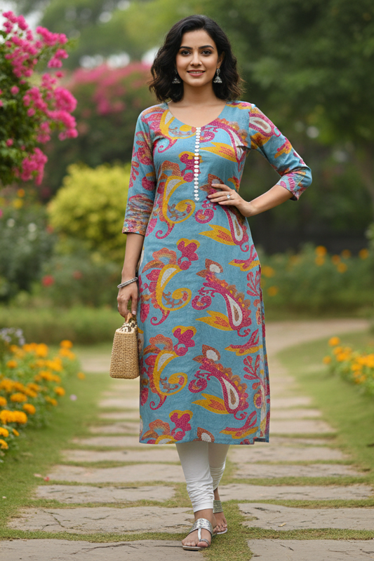 Women’s Blue/Pink Paisley Printed Kurti