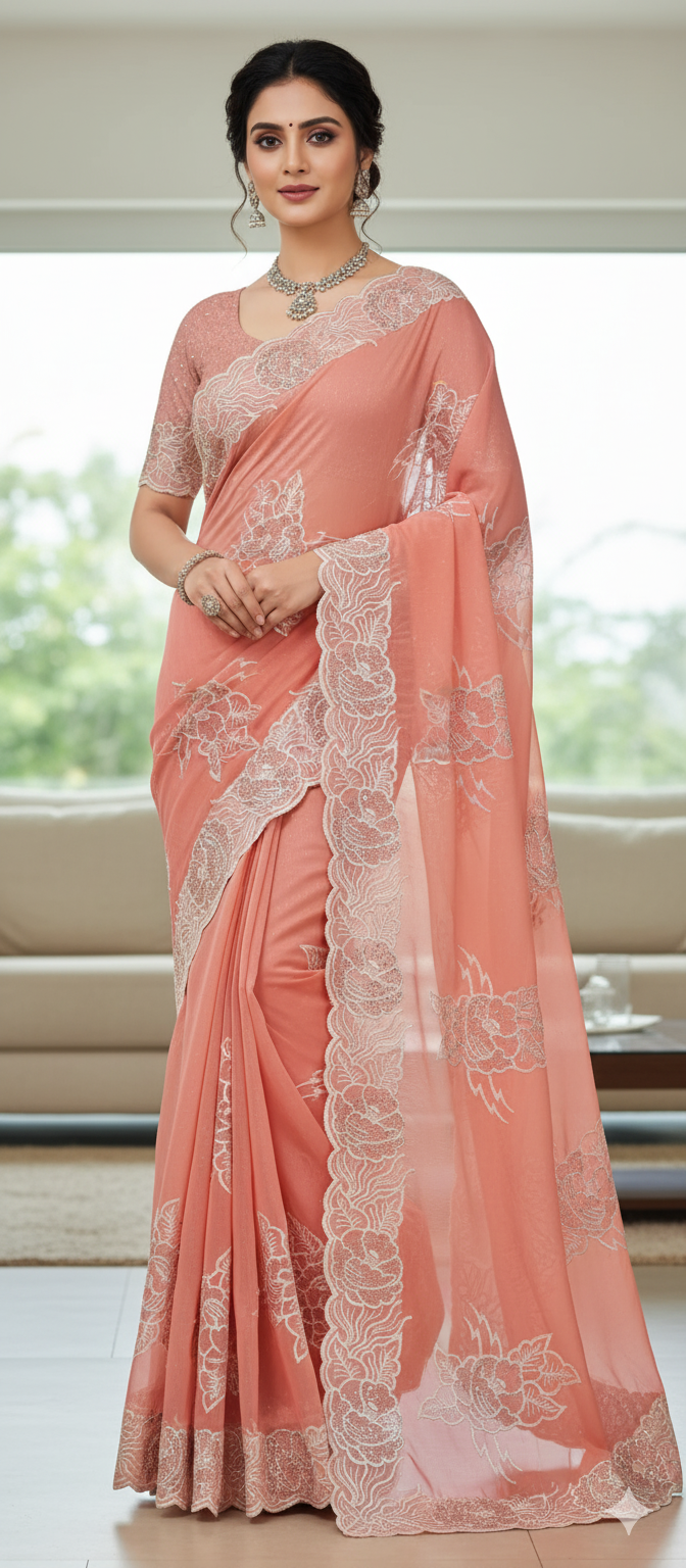 Georgette Saree Silver Zari & Sequin Work
