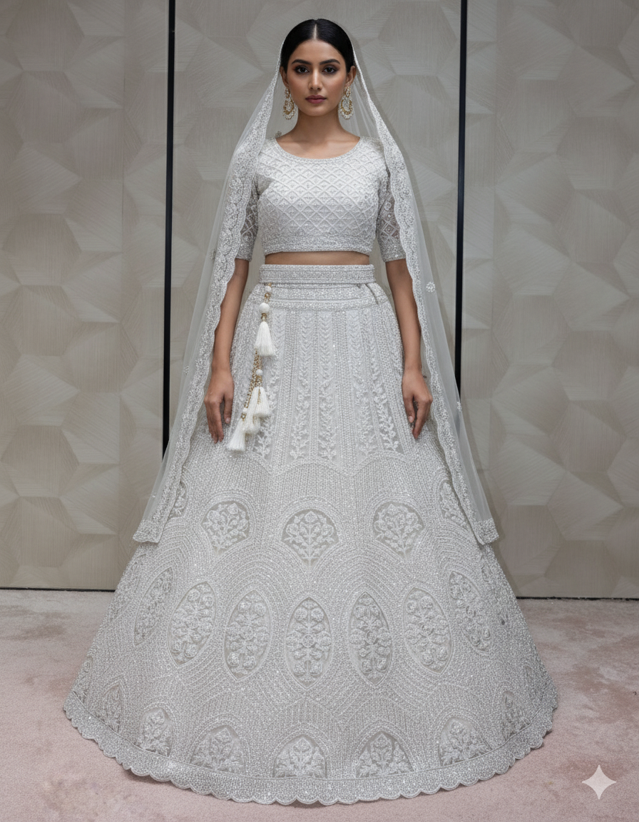 Monotone Silver/Off-White Heavily Embroidered Lehenga  - Crafted Just for You. Minimum Delivery 20 Days