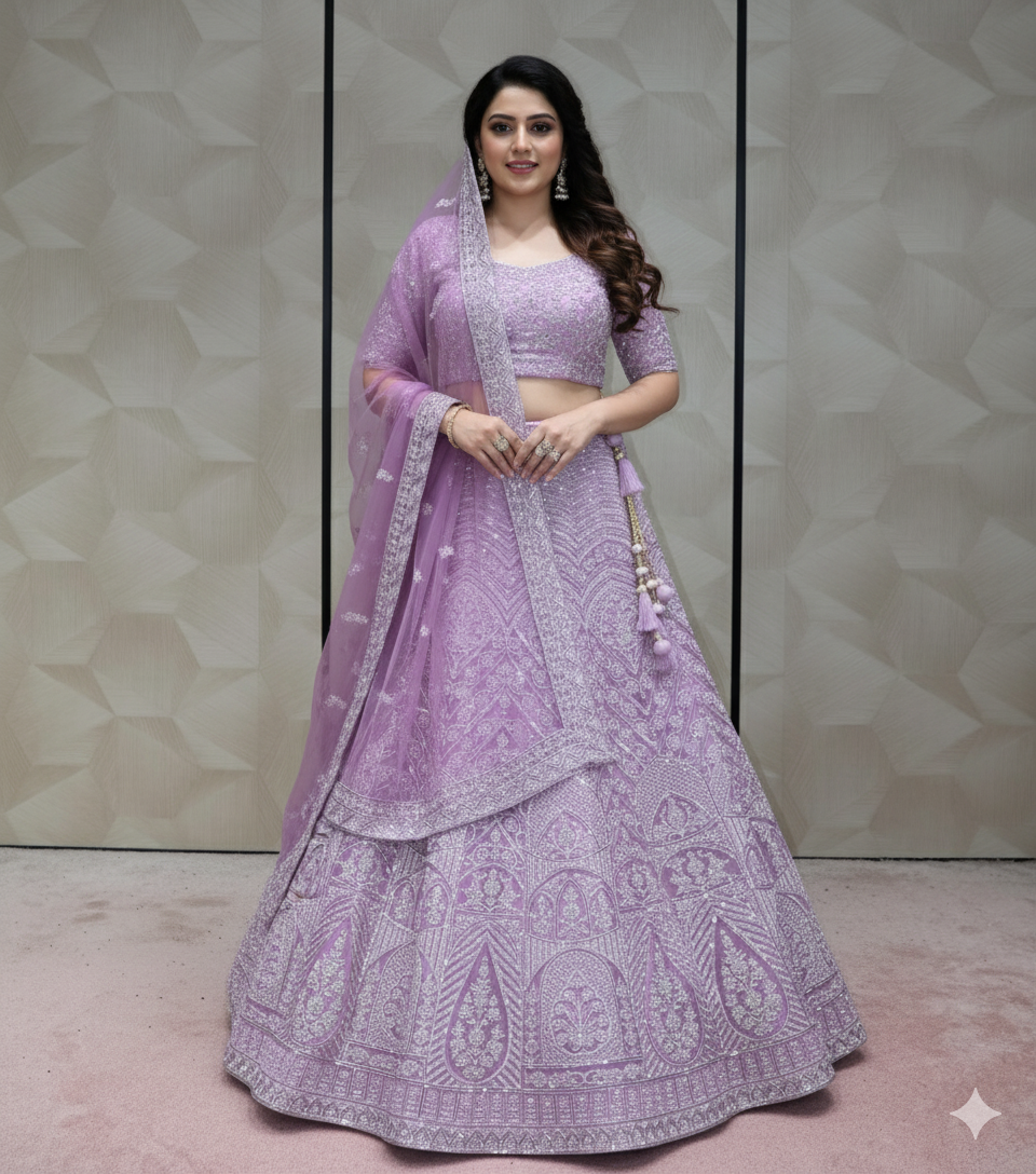 Lavender/Lilac Heavily Embroidered Lehenga - Crafted Just for You. Minimum Delivery: 20 Days