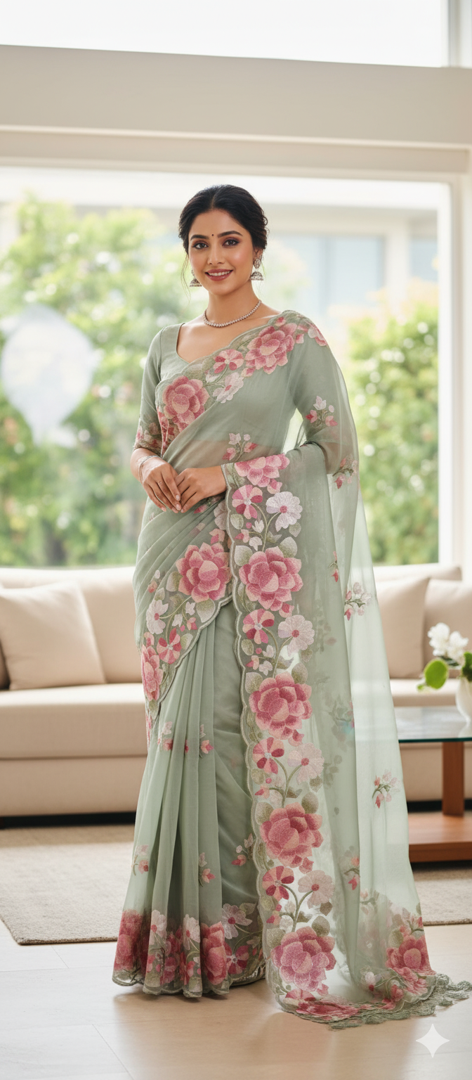 Pastel Mint Floral Organza Saree