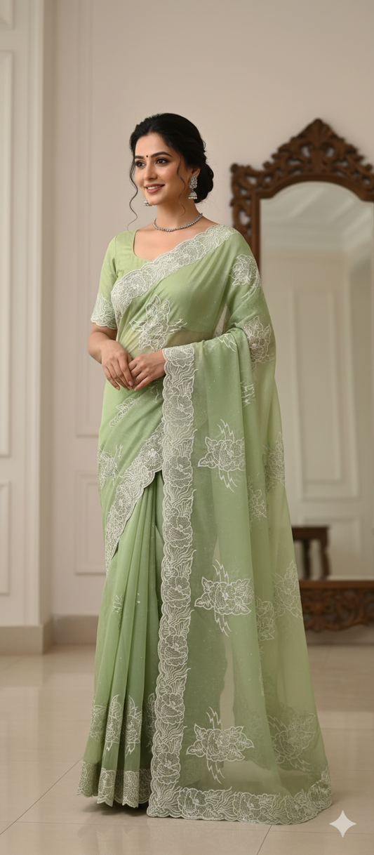 "Mint Meadow" Embroidered Saree