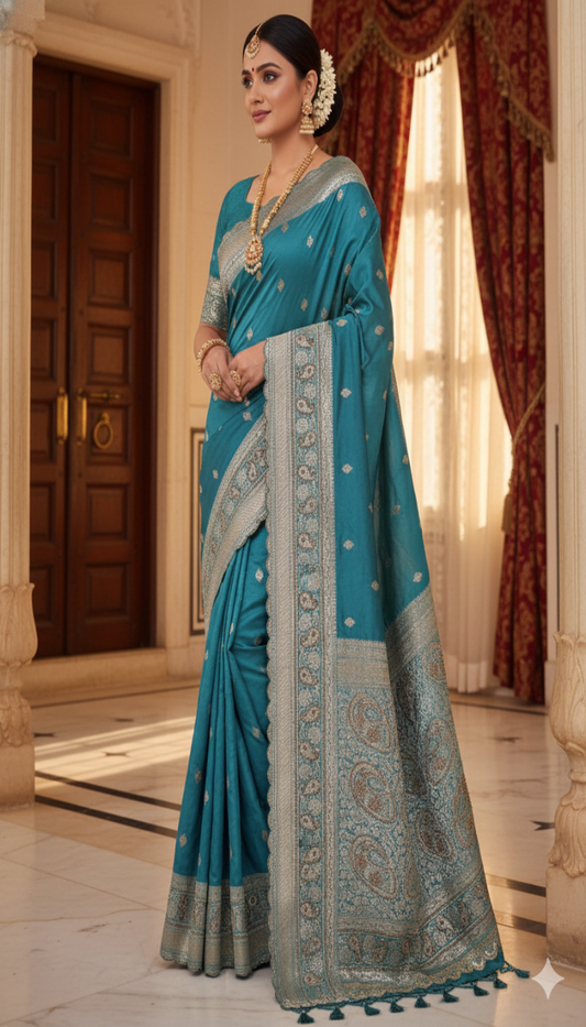 Teal Blue Banarasi Silk Saree with Intricate Zari Work