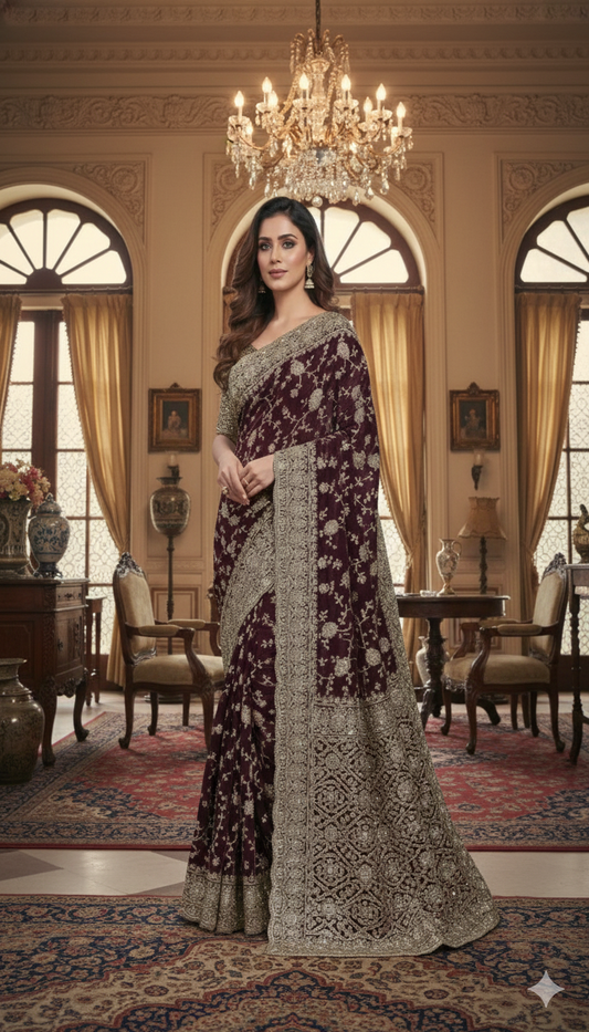 The Velvet Empress Deep Wine & Silver Zardosi festive Saree