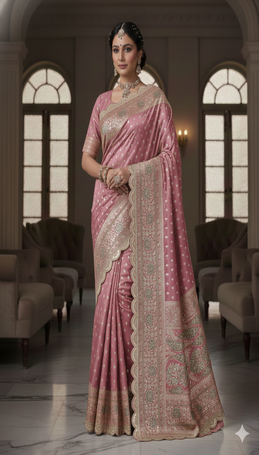 Soft Rose Pink Banarasi Silk Saree with Elegant Silver Zari Buti
