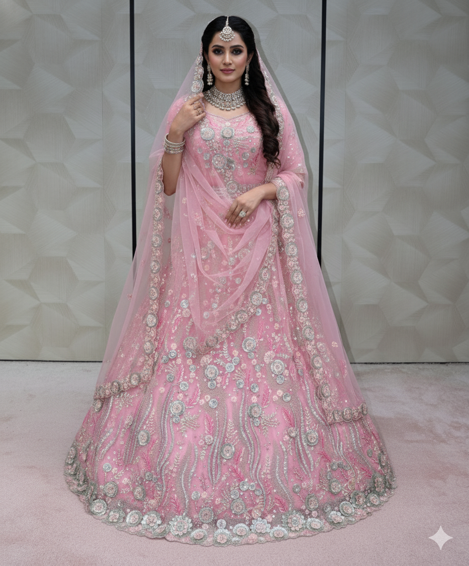 Heavily Embellished Pink Bridal Lehenga  - Crafted Just for You. Minimum Delivery: 20 Days