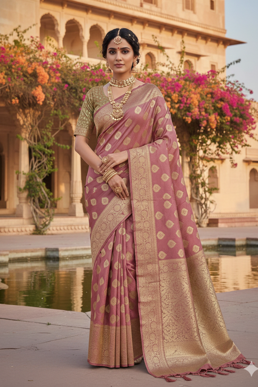 Vintage Rose Banarasi Chanderi Saree with Zari Buta