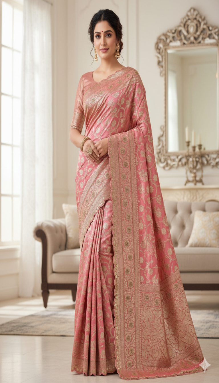 Elegant Blush Pink Banarasi Silk Saree with Rich Zari Weave