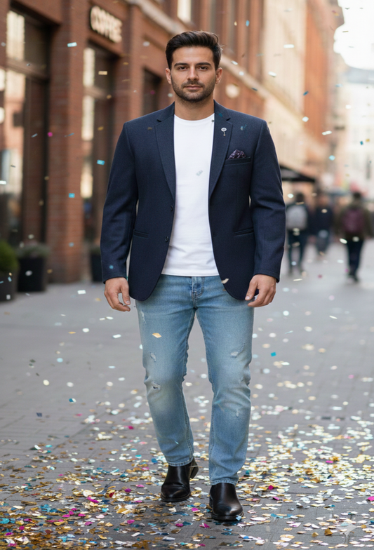 Party Wear Navy Blue Popcorn Fabric Blazer – Timeless Premium Fit