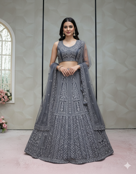 Charcoal Grey Heavily Embroidered Lehenga - Crafted Just for You. Minimum Delivery: 20 Days