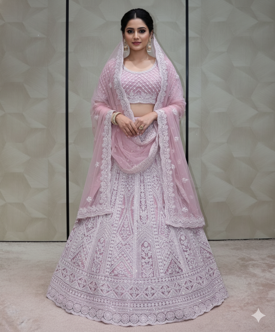 Pastel Pink and Silver Embroidered Lehenga - Crafted Just for You. Minimum Delivery 20 Days