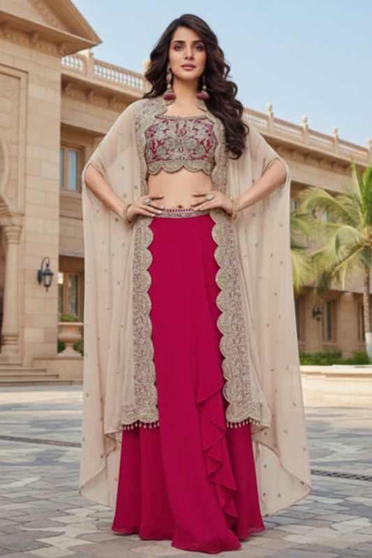 "Beige & Magenta Embroidered Georgette Cape Sharara