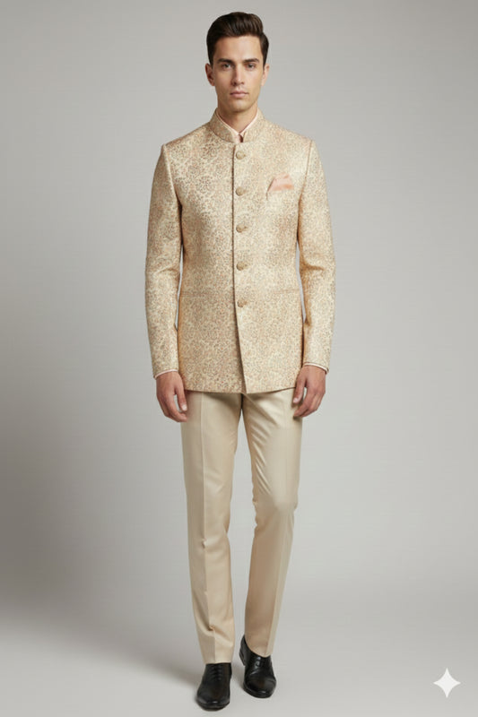 Stitched Designer Suit With Unstitched Pant Fabric – Gold Cream