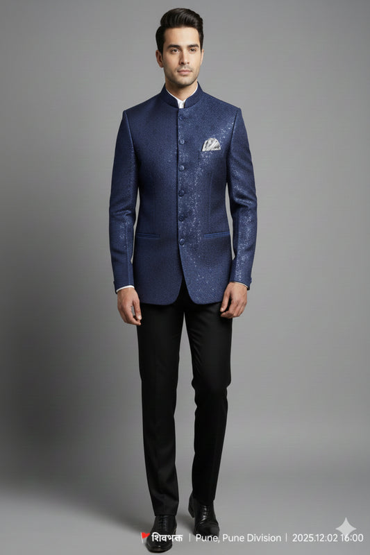 Stitched Designer Suit With Unstitched Pant Fabric – Midnight Blue