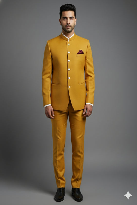 Stitched Designer Suit With Unstitched Pant Fabric – Mustard Gold