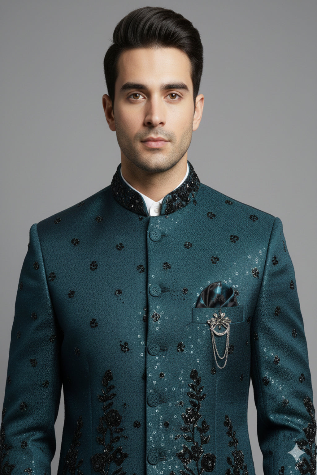 Stitched Designer Suit With Unstitched Pant Fabric – Teal Black