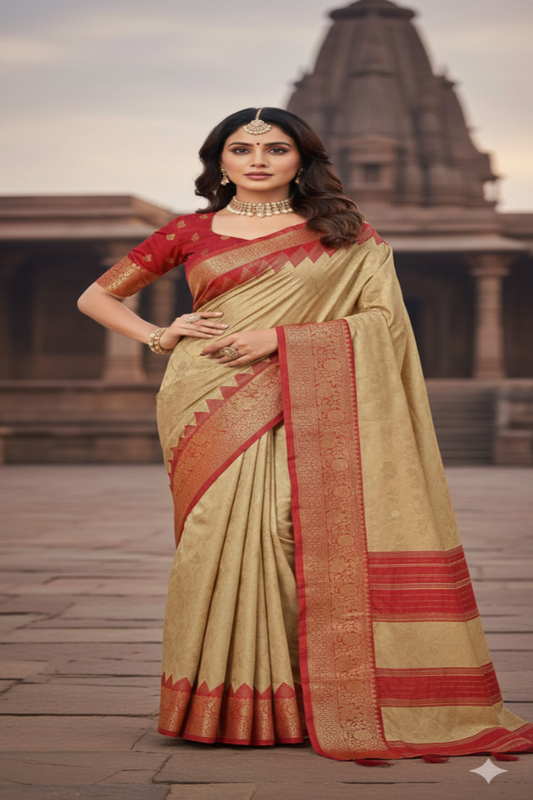 Synthetic Silk Saree in Antique Gold with Rich Red Woven Border
