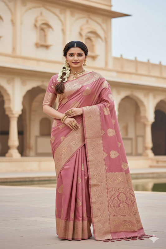 Dusty Rose Pink Banarasi Silk Saree with Gold Zari Paisley Motifs & Rich Pallu