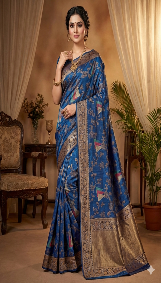 Blue Banarasi Silk Saree with Antique Gold Floral Weave & Contemporary Motifs