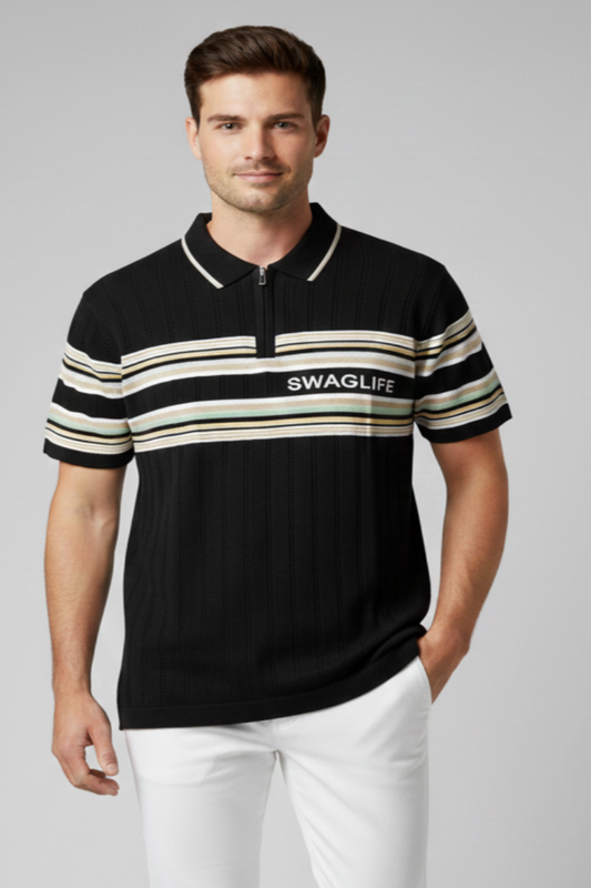 Black Swaglife Stripe Zip Polo T-Shirt