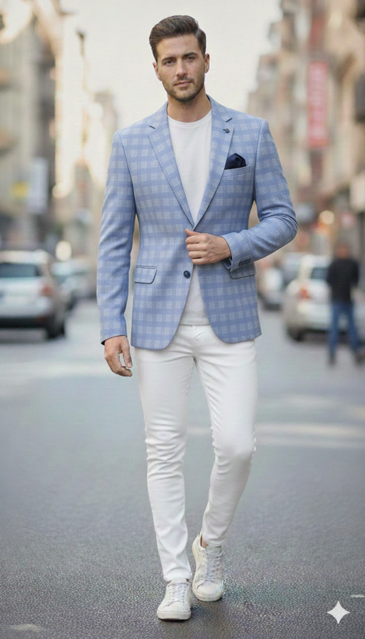 Sky Blue Checkered Luxury Men’s Blazer